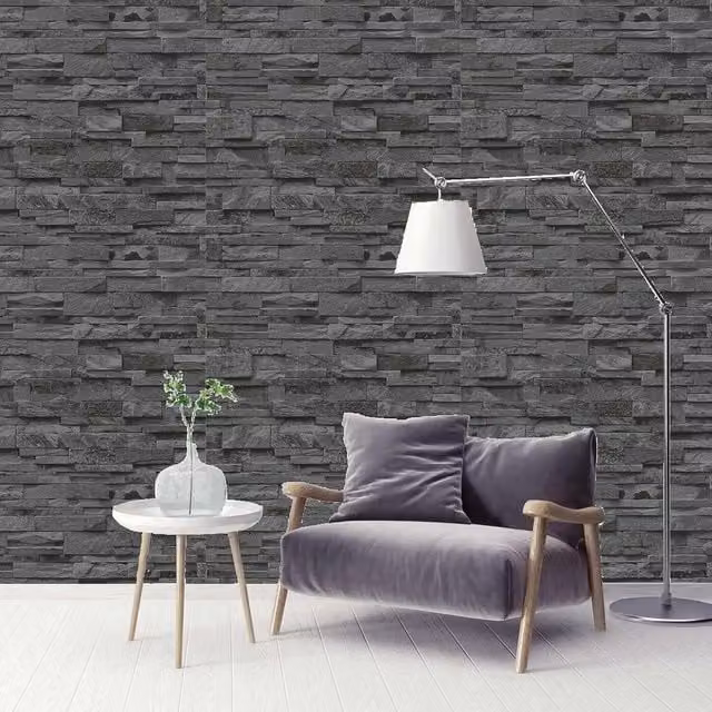 Erismann Dark Grey Split Face Tile Effect Vinyl Wallpaper
