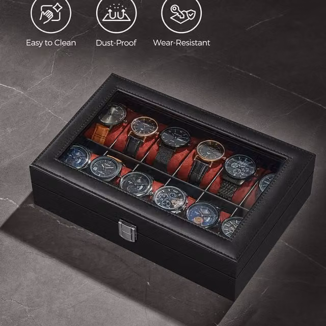 SONGMICS 12-Slot Watch Box Case with Glass Lid, Black, W/D/H: 30 x 7.5 x 7.5 cm