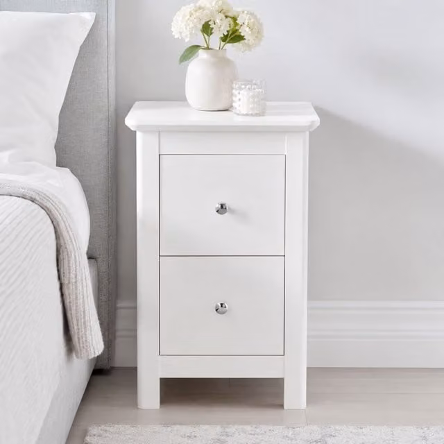 Nairn White Lacquered 2 Drawer Petite Bedside Cabinet Storage Unit