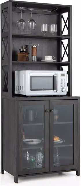 Costway Tall Freestanding Bar Cabinet in Grey with Glass Doors