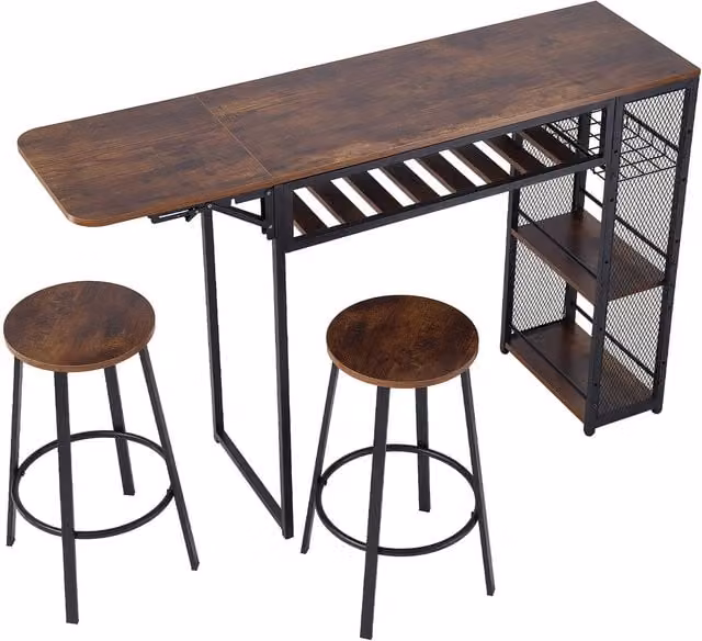 The Hot Sale 3-Piece Industrial Bar Table Set with Two Stools in Black and Brown Wood