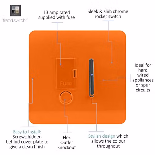 Trendi Switch Modern Glossy Tactile 13 A Single Fused Spur Connection Unit with Flex Outlet in Sunset Orange – 2