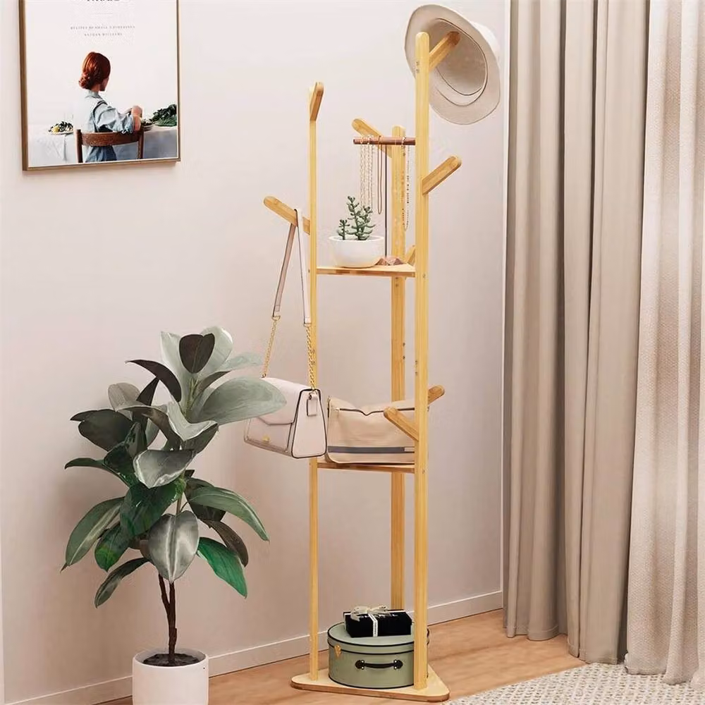 NESTLUNE Wooden Coat Rack Floor Tree Hat and Clothes Stand in Brown, H 170 x W 40 x D 36.28 cm – 2