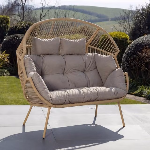 Artemis Home Cocona 2 Seat Standing Egg Chair in Brown and Beige Polyrattan with Sun Canopy and Weatherproof Cushions