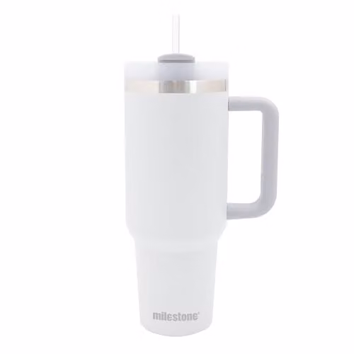 Milestone Camping 40oz Milestone Travel Mug Tumbler with Straw, Handle and Lid in White – 1