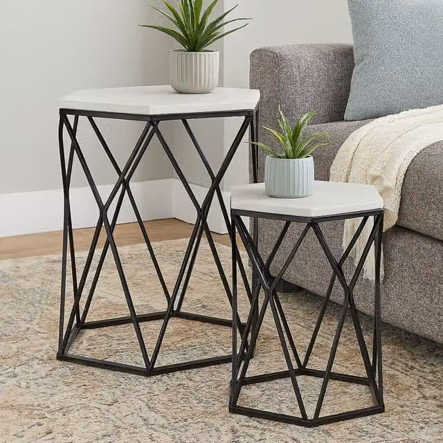 Orsina Set of Two Hexagonal Industrial Design Side Tables with Marble and Metal in White and Black – 1