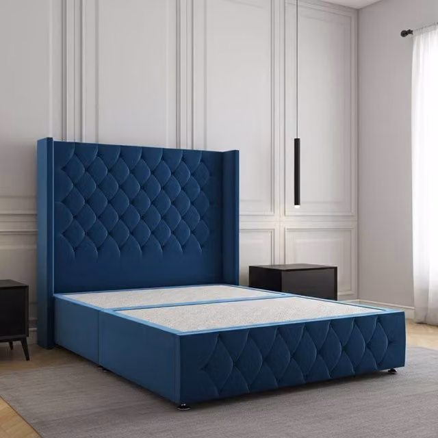 Regional Furnishings Super King Plush Velvet Divan Bed with 54 inch Headboard and Footboard in Blue, W/D/H: 200 x 150 x 120 cm