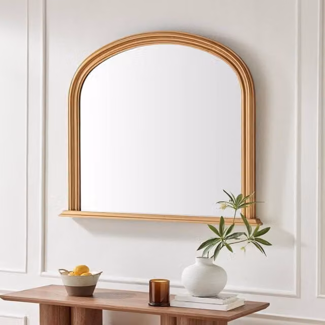 FurnitureboxUK Cecily Gold Wood Large Arch Overmantle Hanging Mirror W: 110 cm, H: 90 cm