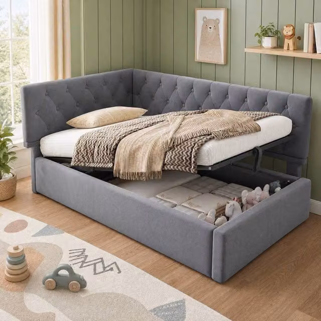 STILVORA 3ft Single Ottoman Bed with Storage, Grey Upholstered Fabric, W/D/H: 90 x 190 x 77 cm