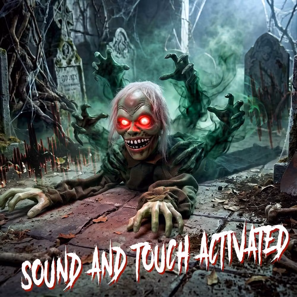 HOMCOM Animatronic Crawling Zombie with Light-Up Eyes and Creepy Sound in Grey, Black, Red and Multicolour – 4