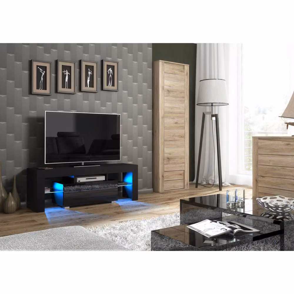Mex Furniture LTD Floe TV Unit in Black with Glossy Doors and LED Lights, W: 130 cm, H: 45 cm, D: 35 cm – 2