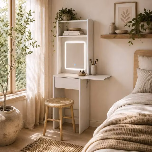 Wyld Haus Ravitti White Compact Drop Leaf Vanity Desk with Hollywood LED Mirror – 1