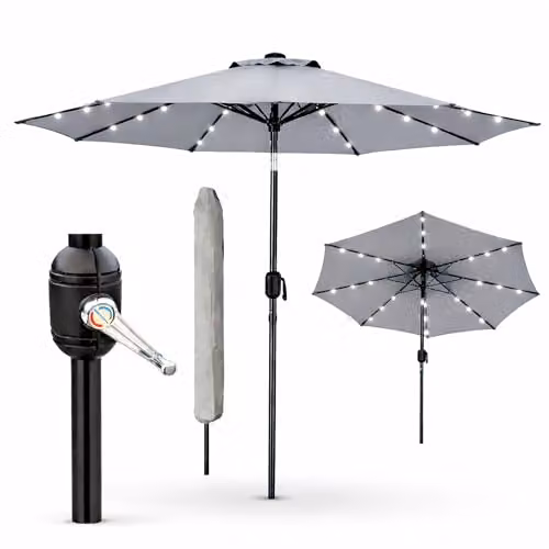 GlamHaus Solar LED Tilting Garden Parasol with Crank Handle and UV40 Protection, Grey – 1