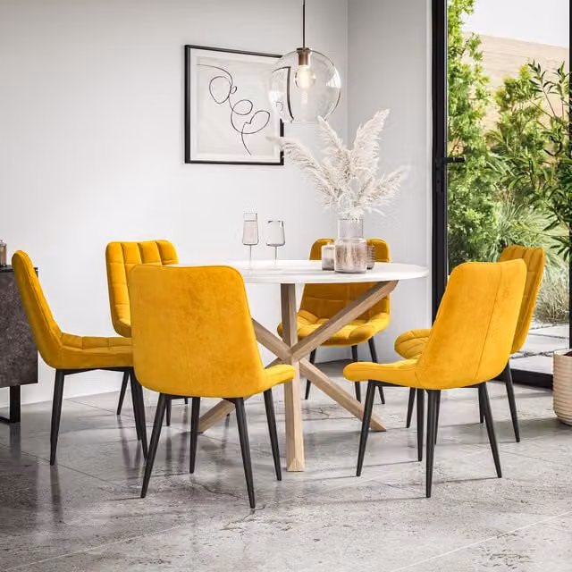 More4Homes Malvern Round Dining Table and 6 Nova Velvet Dining Chairs Set, Marble Top with Solid Oak Legs, Yellow