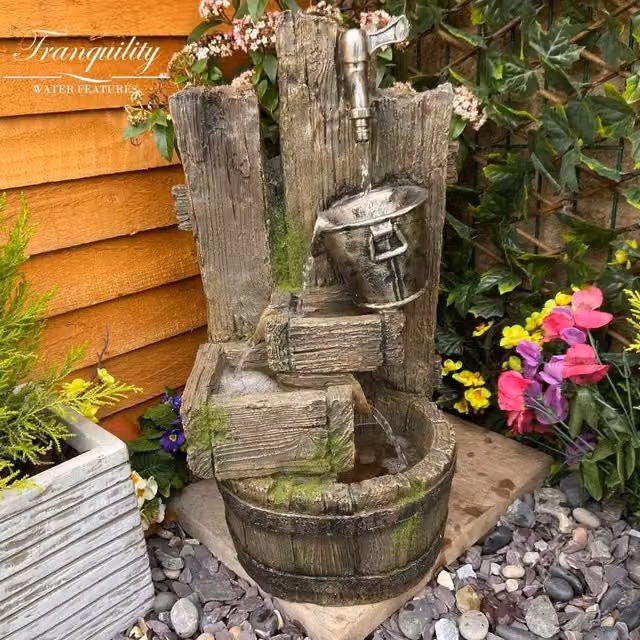 Tranquility Ancient Bucket Tap Traditional Solar Water Feature, Grey, Round Freestanding Cascade
