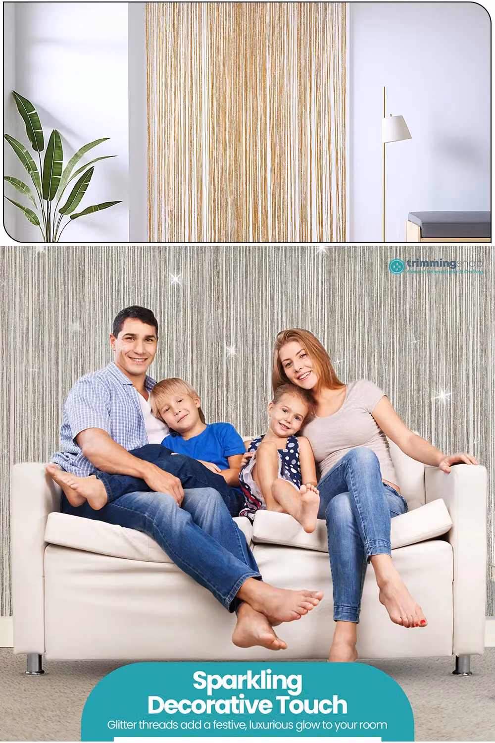 Neel Blue Glitter String Curtain in Light Sand, Polyester Fringe Spaghetti Tassel Panel, W: 90 cm, H: 200 cm – 2
