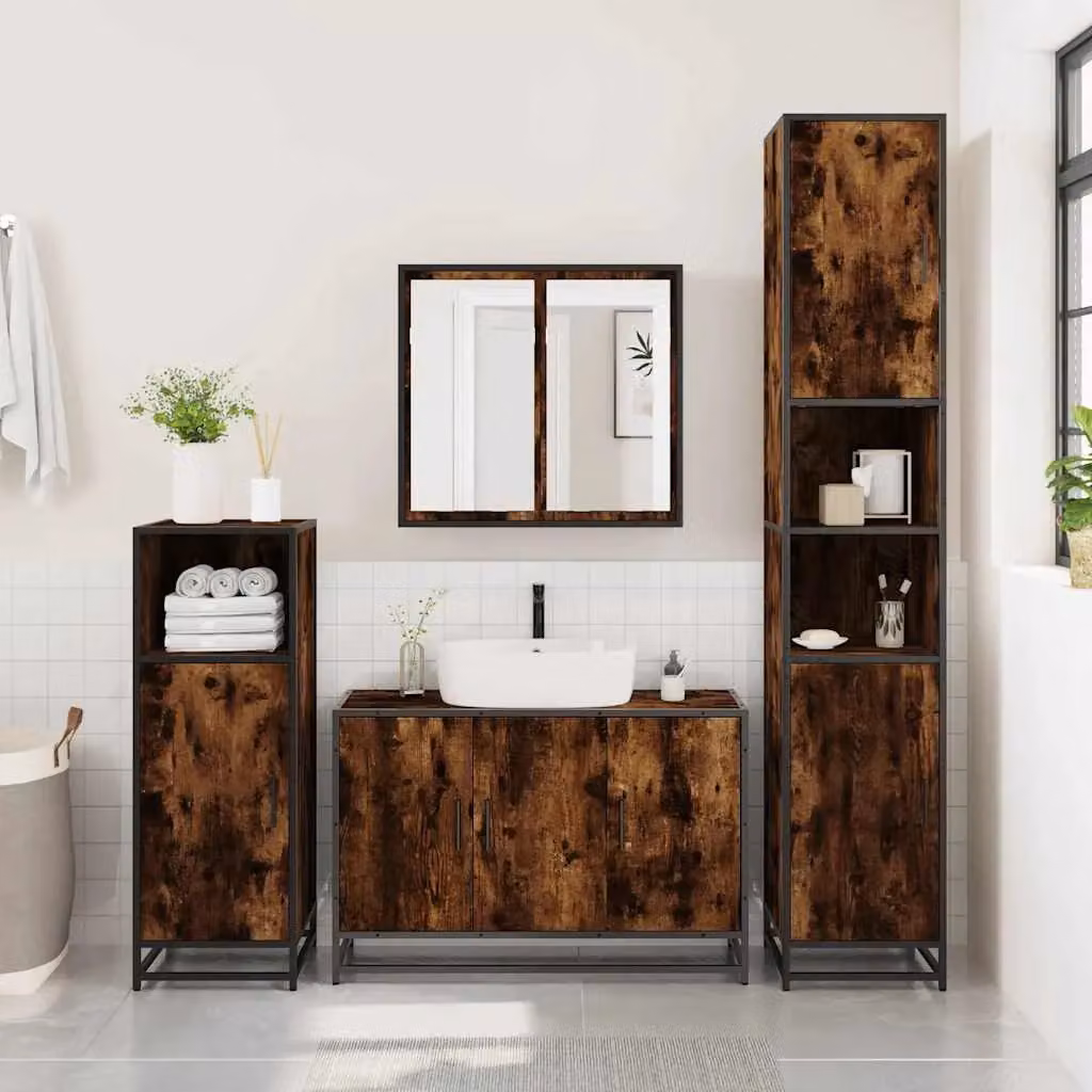 Berkfield Home 3 Piece Industrial Bathroom Furniture Set in Smoked Oak Brown, including Vanity Unit, Mirror Cabinet and Wall Cabinet – 2