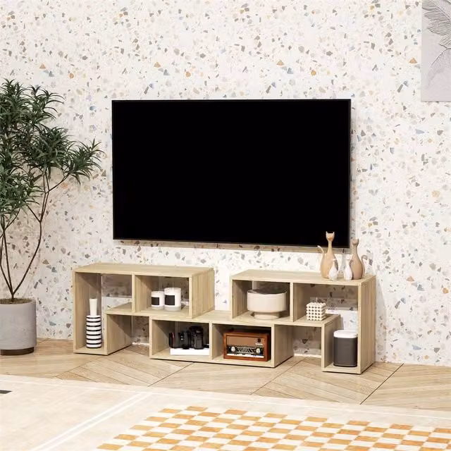 EONLION Grey Oak Wood Grain TV Stand with Storage Shelves in Beige, Width: 100 cm – 1