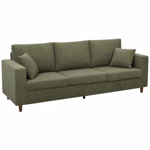 HOMCOM 3 Seater Corduroy Upholstered Sofa in Green, W: 225 cm, D: 80 cm, H: 79 cm – 1