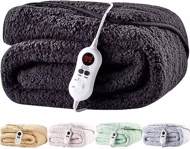 Cozy Night Luxurious Sherpa Fleece Electric Heated Throw Blanket in Black Onyx