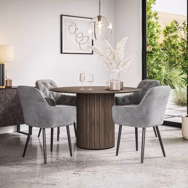 More4Homes Arlo Walnut Round Dining Table and Anika Grey Velvet Dining Chairs Set of 4, W/D/H: 120 x 120 x 75 cm