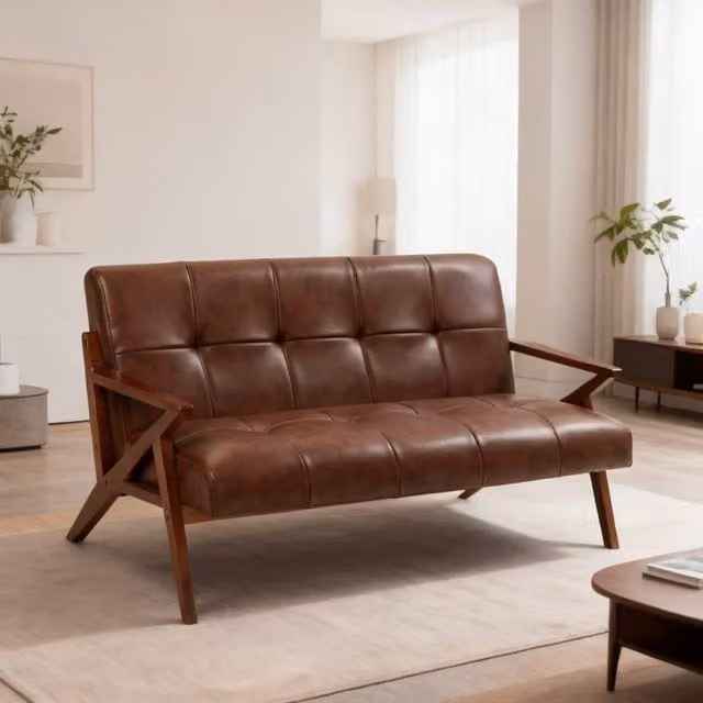 ERGOVEXA Compact 2 Seater Sofa in Brown, Synthetic Leather and Solid Wood Frame, W: 133 cm, D: 81 cm, H: 78.5 cm – 1