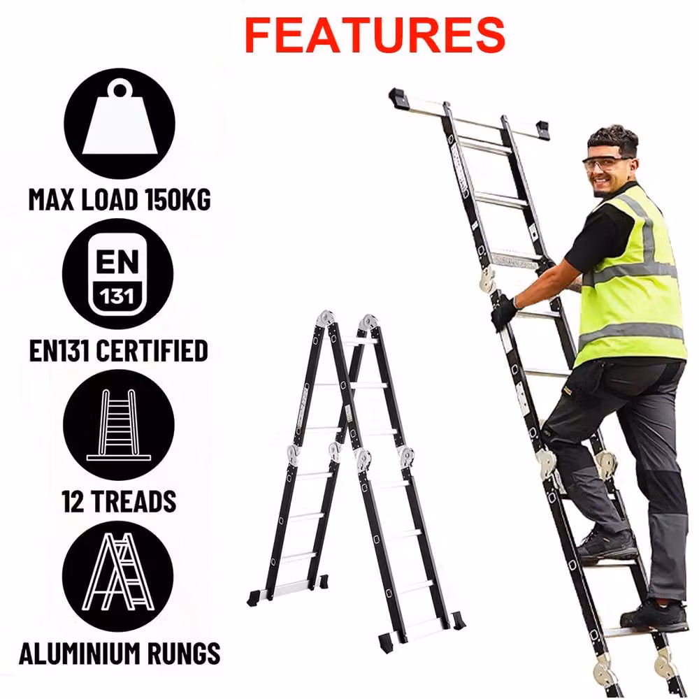 Ventryn 12-in-1 Aluminium Multi-Purpose Folding Combination Step Ladder, Black, 3.5m – 4