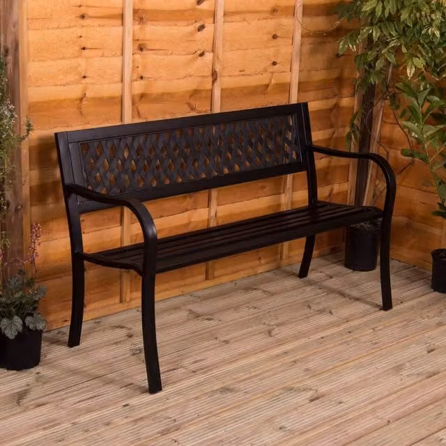 HD Designs Black Matt Metal 3 Seater Lattice Garden Bench with Geometric Vintage Design – 1