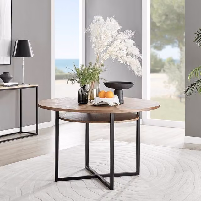 FurnitureboxUK Adley Round Industrial Dining Table with Storage Shelf in Brown and Black – 1