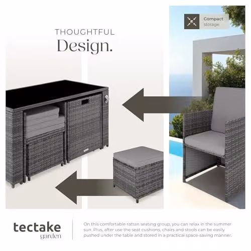 TecTake Grey Rattan Garden Furniture Set with 2 Lounge Armchairs, 2 Ottomans and 1 Glass Top Coffee Table – 4