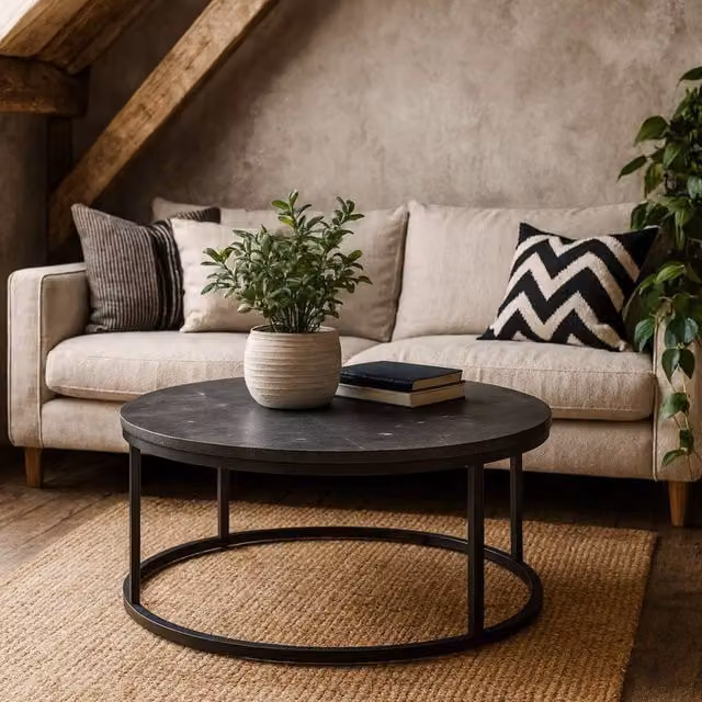 Wyld Haus Odense Round Black Marble Effect Coffee Table with Matte Black Metal Legs, Diameter: 80 cm, Height: 40 cm – 1