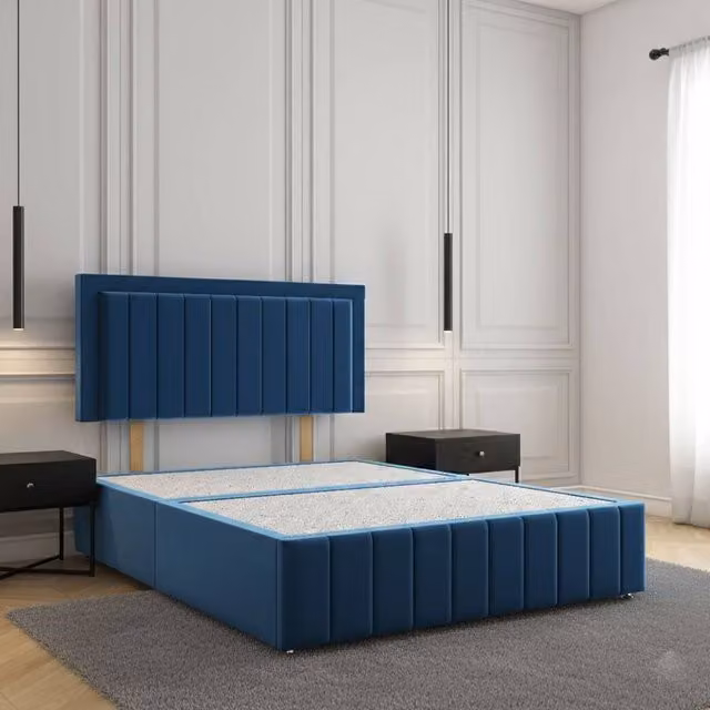REGIONAL FURNISHINGS Blue Velvet Upholstered Divan Bed Base with 24 inch Headboard and Footboard, W/D/H: 140 x 200 cm