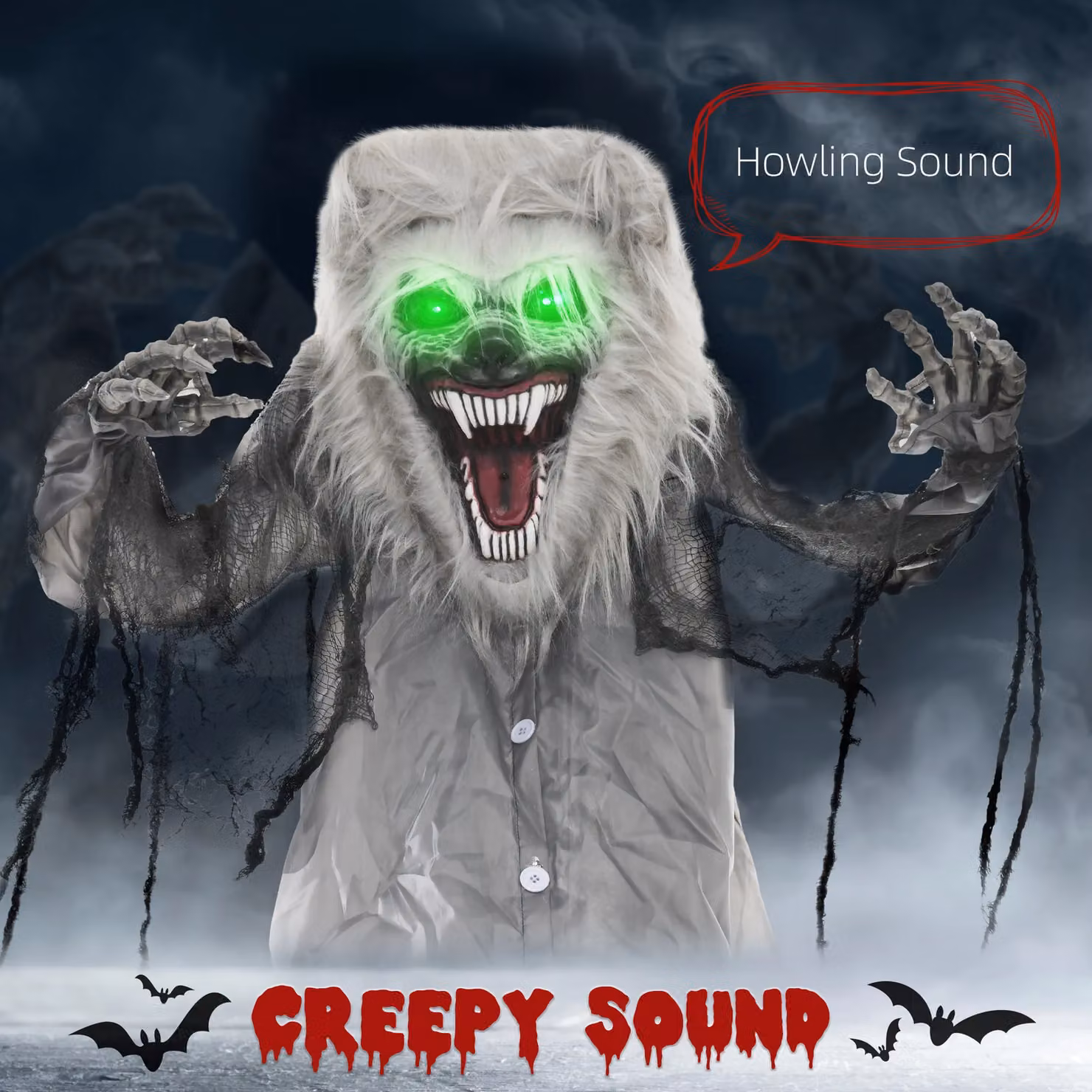 HOMCOM Halloween Skeleton Werewolf Animatronic Prop with Light Up Eyes in Grey – 3