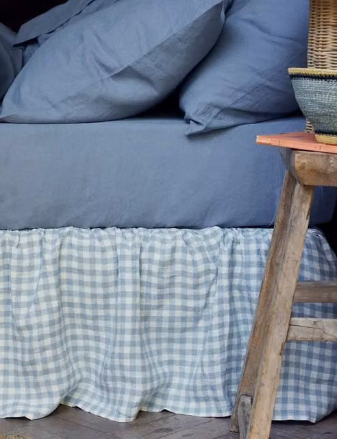 Piglet in Bed Blue Mix Gingham Linen Rich Valance Sheet
