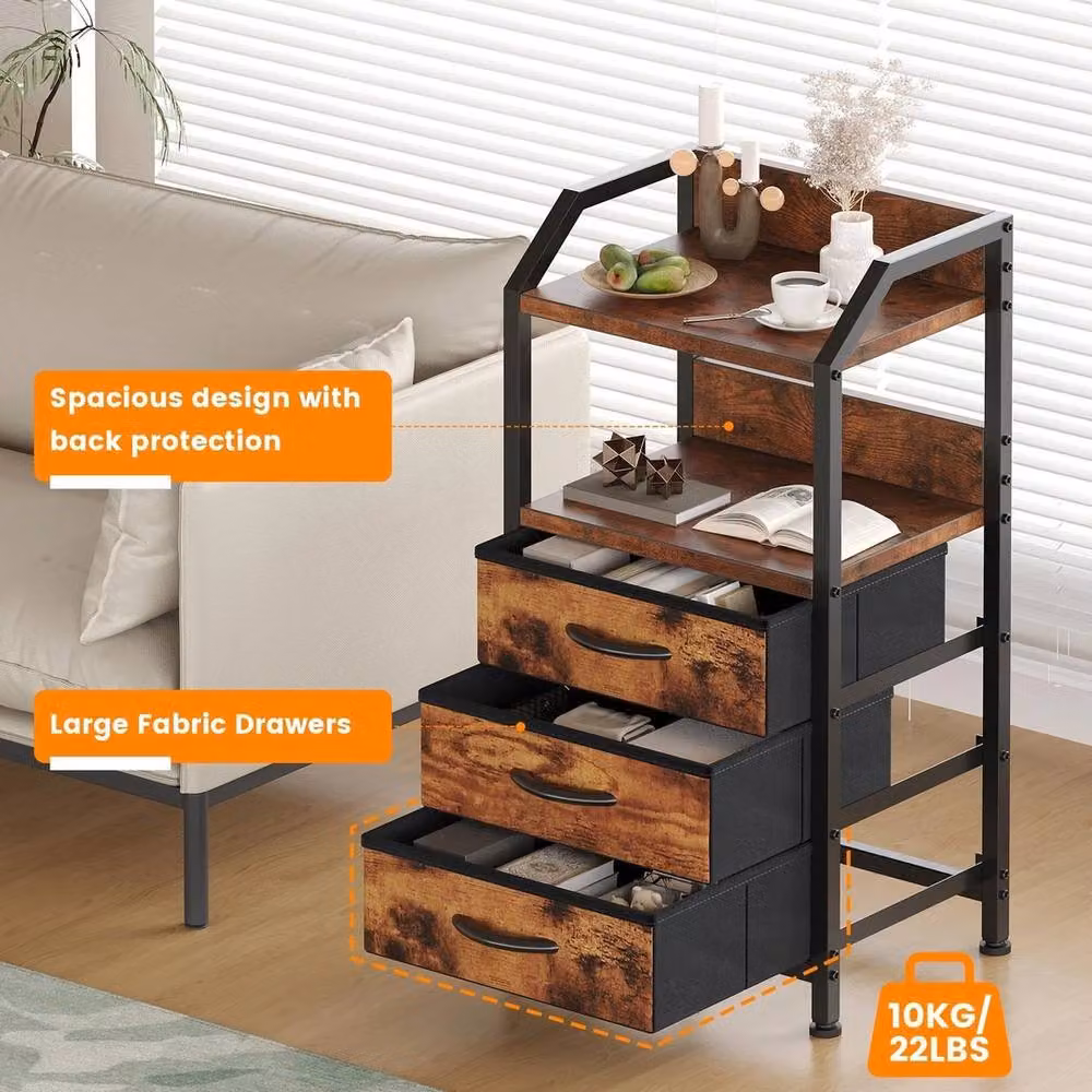 FORGEVIO Rustic Brown Bedside Table with 3 Fabric Drawers, W/D/H: 40 x 35 x 75 cm – 3