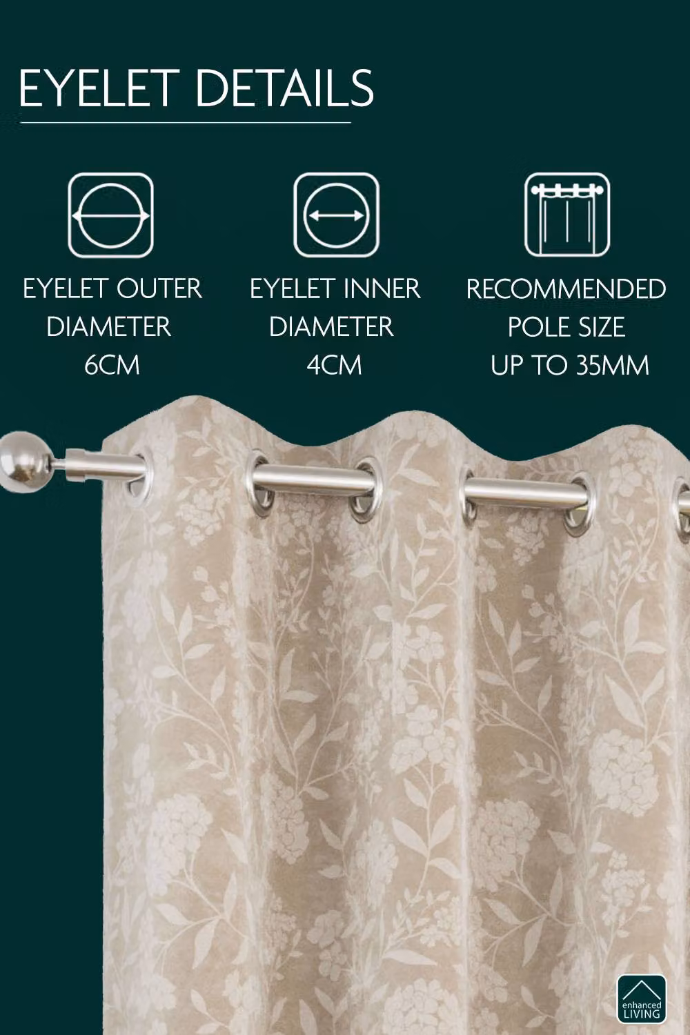 Enhanced Living Cream Floral Print 100% Blackout Thermal Eyelet Suede Curtains, Pair, Width: 168 cm, Drop: 229 cm – 2