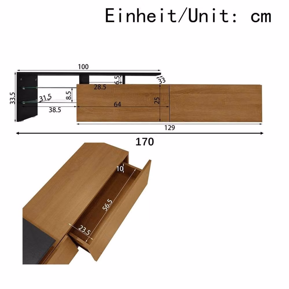 ERGOVEXA Modern Brown and Black Wood and Glass TV Unit with Integrated Lighting, W: 170 cm, D: 33 cm, H: 33.5 cm – 2