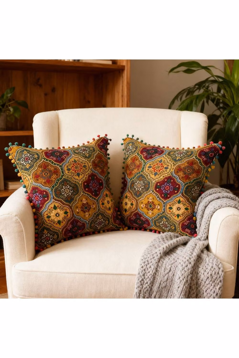 Living and Home Pack of 2 Multicolour Exotic Pattern Linen Throw Pillows with Inserts, W/D/H: 45 x 45 x 45 cm – 2