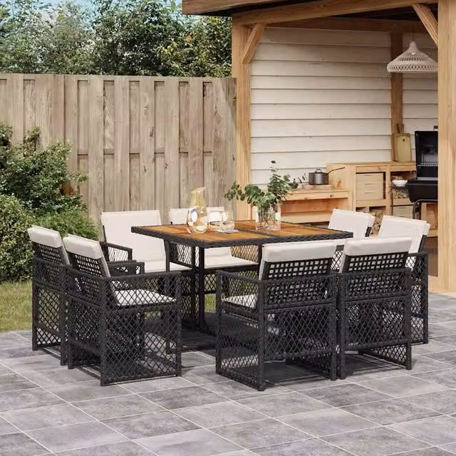 Berkfield Home 9 Piece Black Poly Rattan Garden Dining Set with Cushions – 1