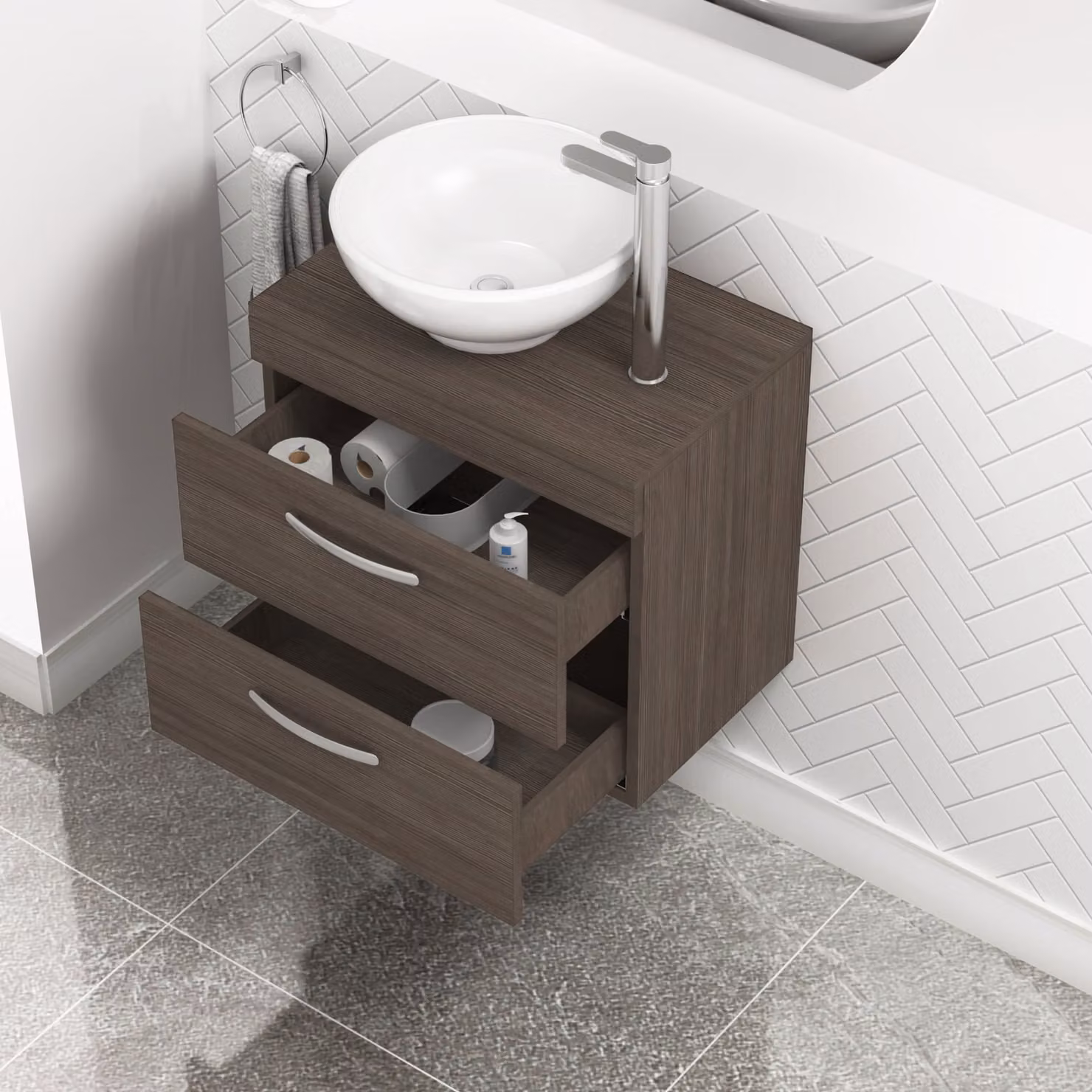 Royal Bathrooms 600mm Wall Hung 2 Drawer Vanity Unit in Grey Elm with Breeze Countertop Basin