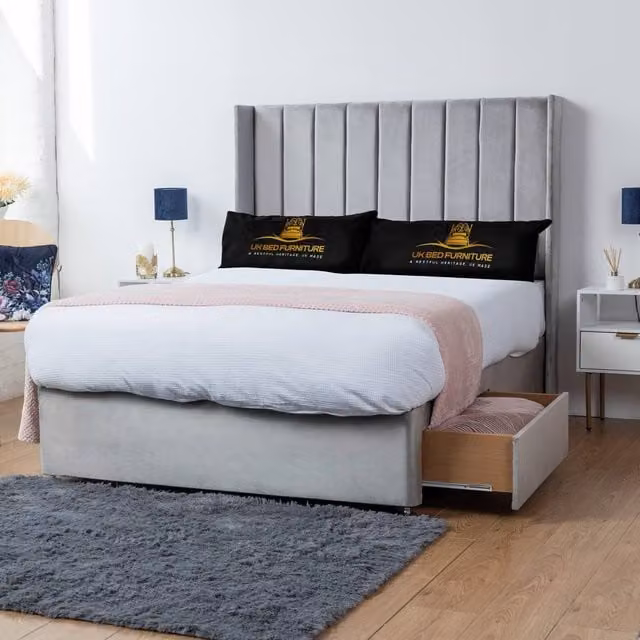 UK Bed Furniture Bella Wingback Divan Bed with 2 Drawers and 54 Inch Headboard, Silver, W/D/H: 180 x 200 cm