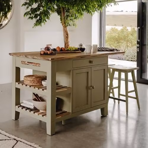 Statement Furniture Florence Kitchen Island with Cupboard, Drawers and Shelves in Green, W: 150 cm, D: 90 cm, H: 91 cm – 1