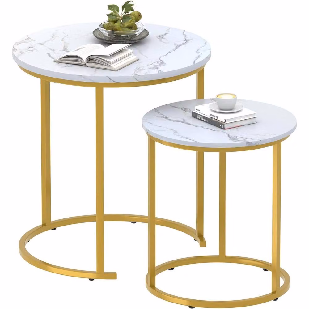 Huhote Round Nesting Coffee Tables Set of 2 with White Marble Finish Tops and Gold Metal Frames – 2