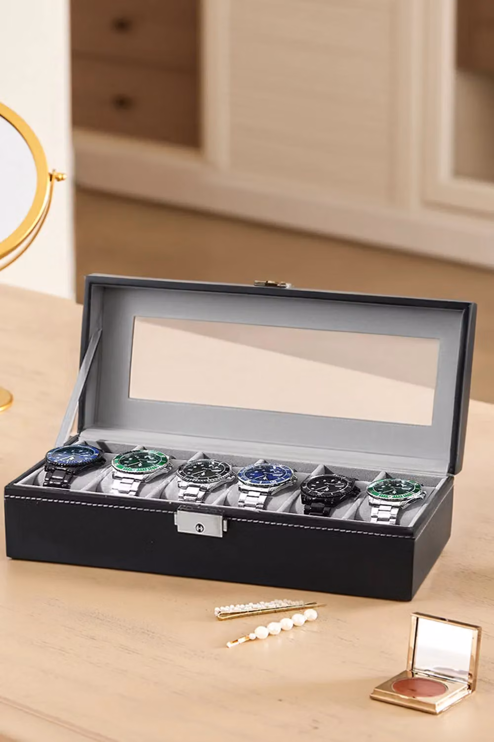 Living and Home Faux Leather Watch Display Case and Jewelry Storage Box in Black – 6