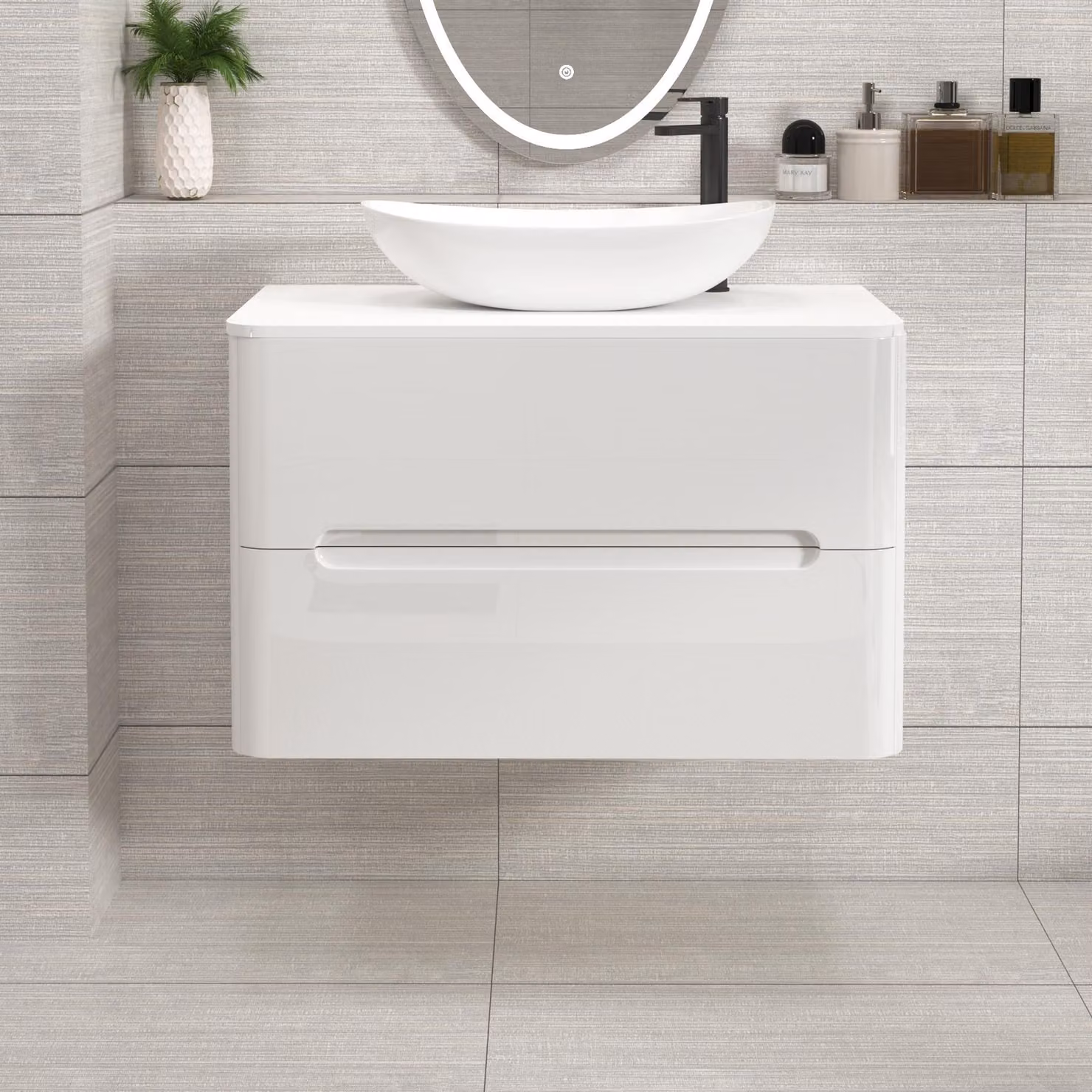 Royal Bathrooms Venice 800mm Gloss White Wall Hung Vanity Unit with 2 Drawers, Plain White Worktop and Cesar Basin