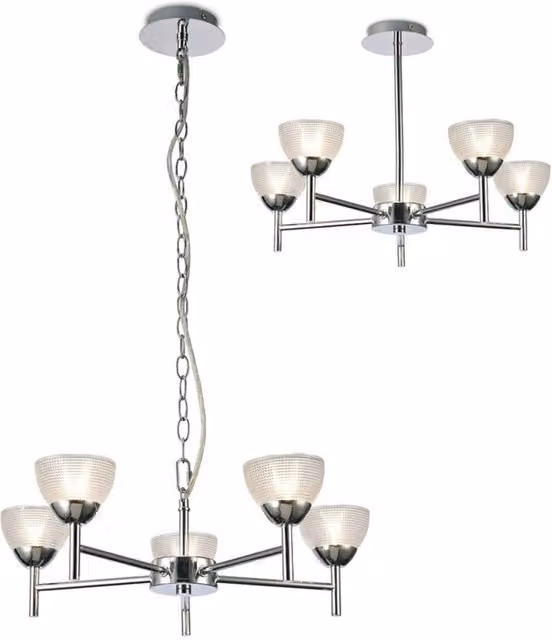 Avalon G9 Ceiling Pendant Light in Polished Chrome with Transparent Prismatic Glass, Diameter: 48 cm