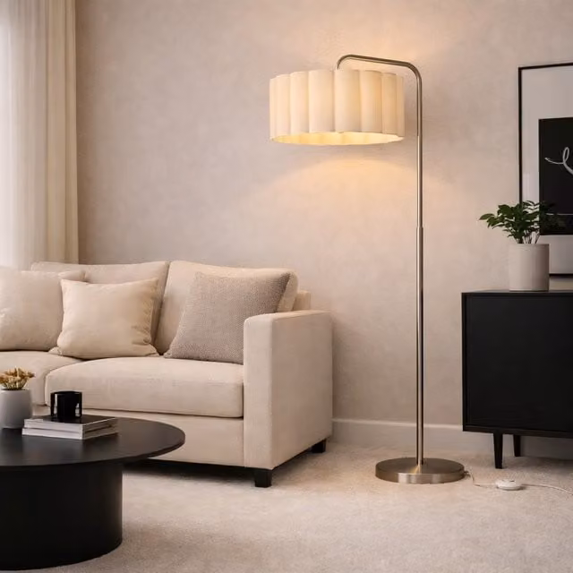 CGC Kyra Brushed Nickel Angled Floor Lamp with Large Scalloped Fabric Lampshade in Silver