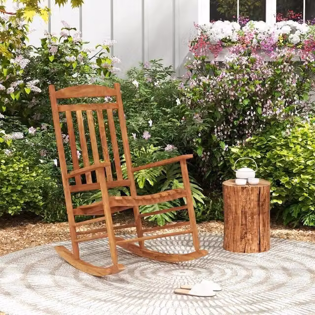 VOGREX High Back Poplar Wood Patio Rocking Chair in Brown – 1