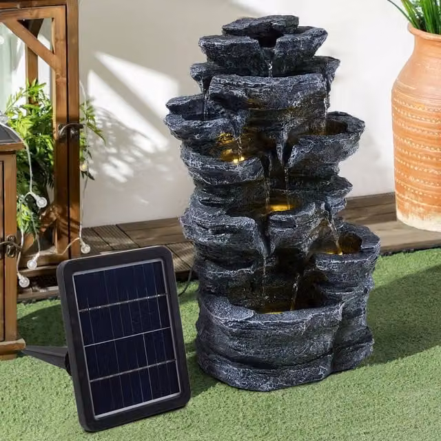 Breeins Grey Solar Cascade Outdoor Multi Tier Fountain with LED Lights, Height: 49 cm