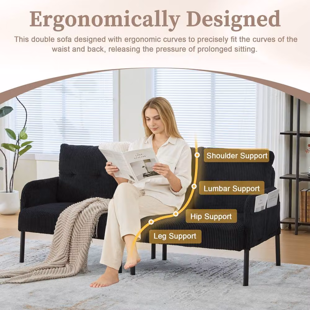Direct Wicker Oversized Corduroy Loveseat Double-Seater Couch with Side Pockets in Black – 4